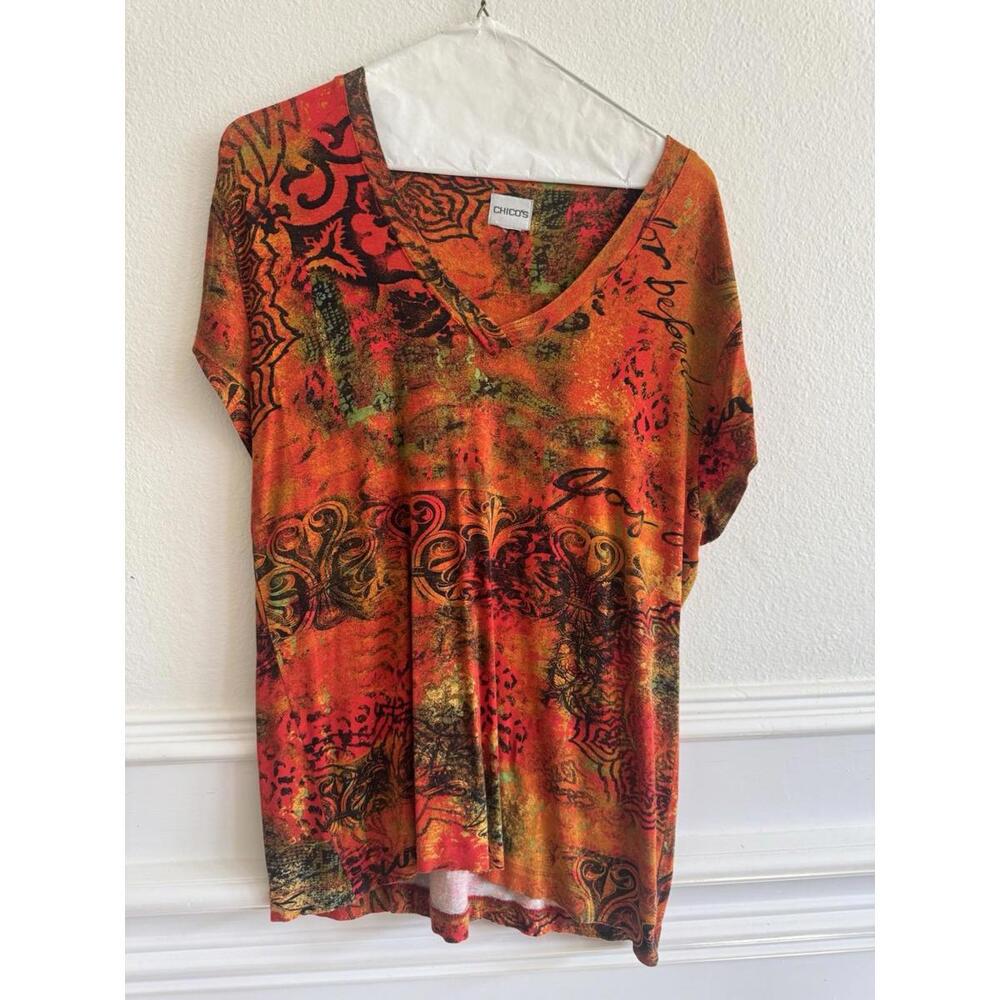 Chico's Tee Shirt Women's Sz 1 L Orange Brown Print Short Sleeve Knit